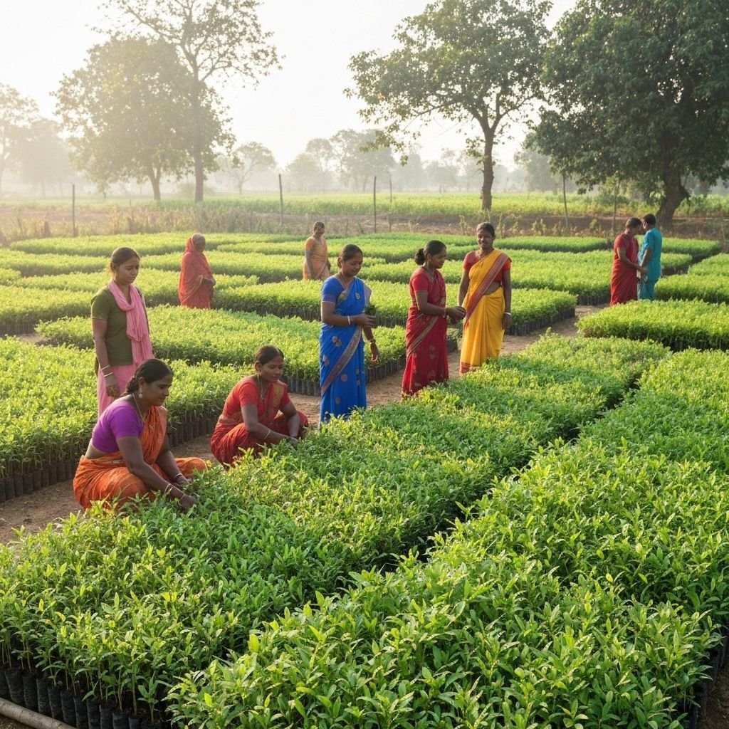 Community nursery in India cultivating native saplings